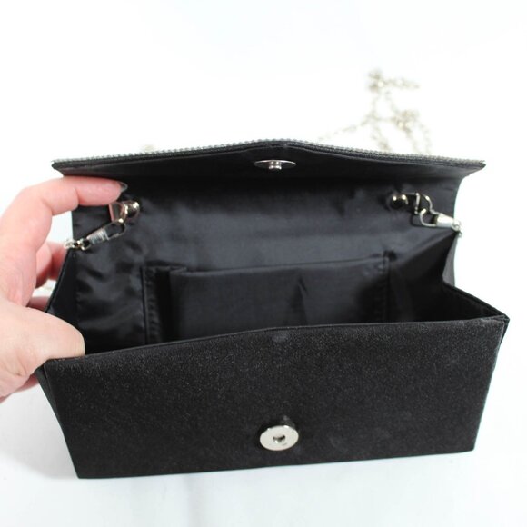 New Black Sateen Evening Clutch Bag with Rhinestone Detailing and Silver Chain - Picture 4 of 7